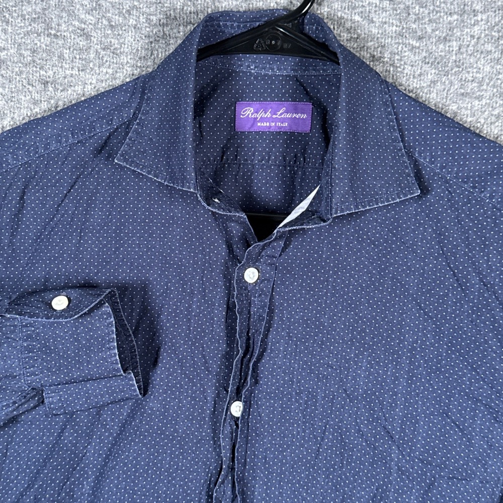 Ralph Lauren Purple Label Shirt Mens 15 Navy Blue Polka Dot Dress Made in Italy